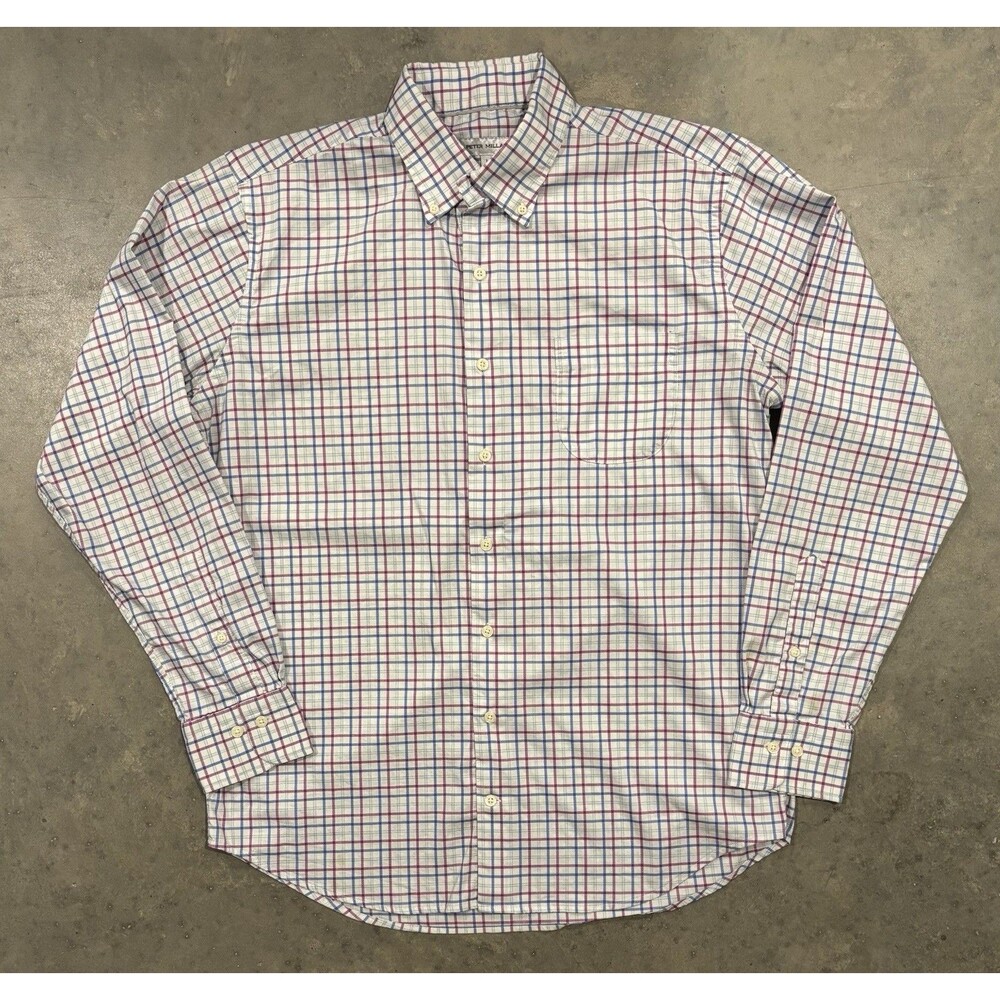 Peter Millar Mens Large Blue Pink Plaid Button Down LS Shirt Performance Stretch